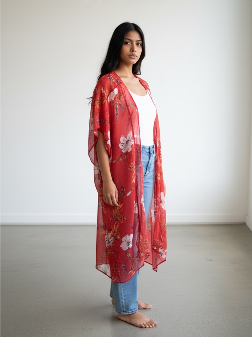 Band of Gypsies Red Floral Kimono XS S Boho Hawaiian Short Sleeve Sheer New